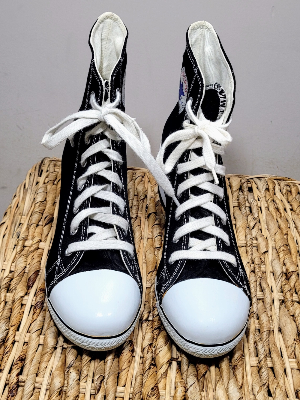 Converse Style Black and White High-Top Lace-Up Platform Boots with Logo Patch - Picture 5 of 11